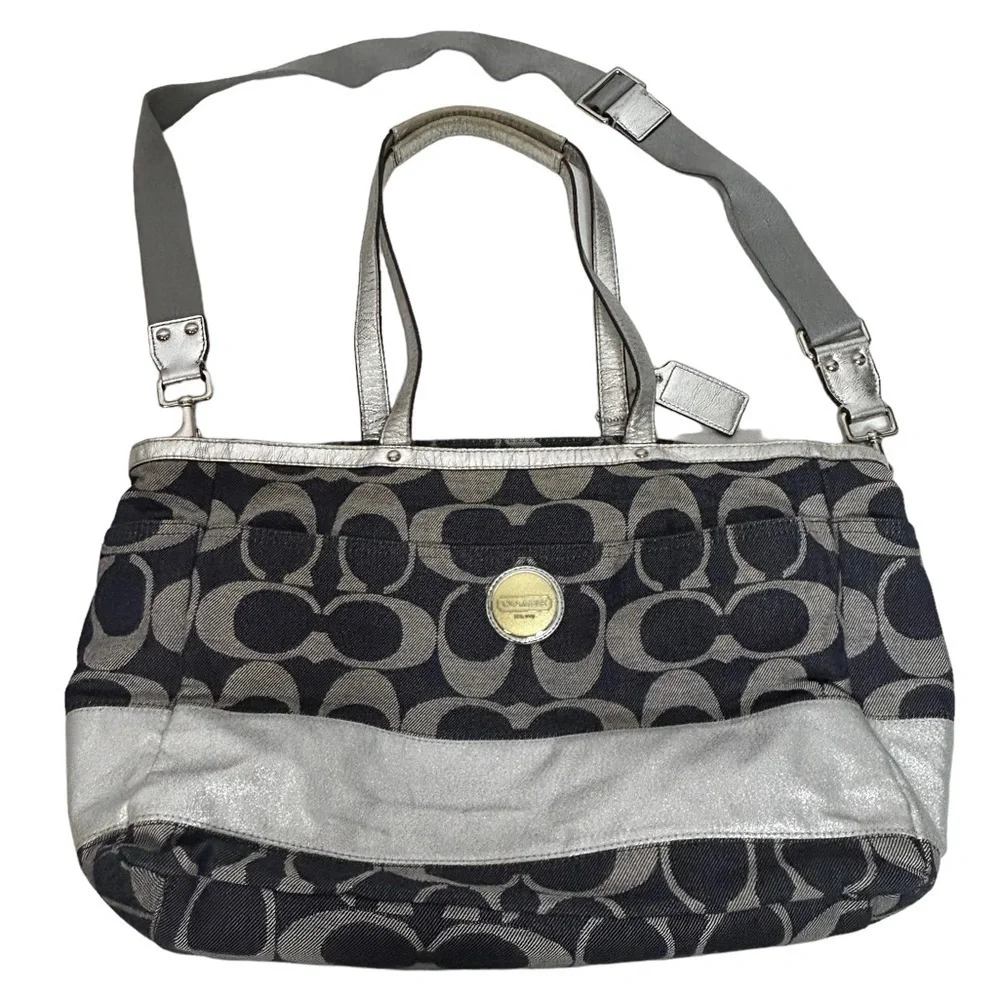 Coach Denim Signature Stripe Tote Weekender Diaper Bag F17443 Large Shoulder Bag
